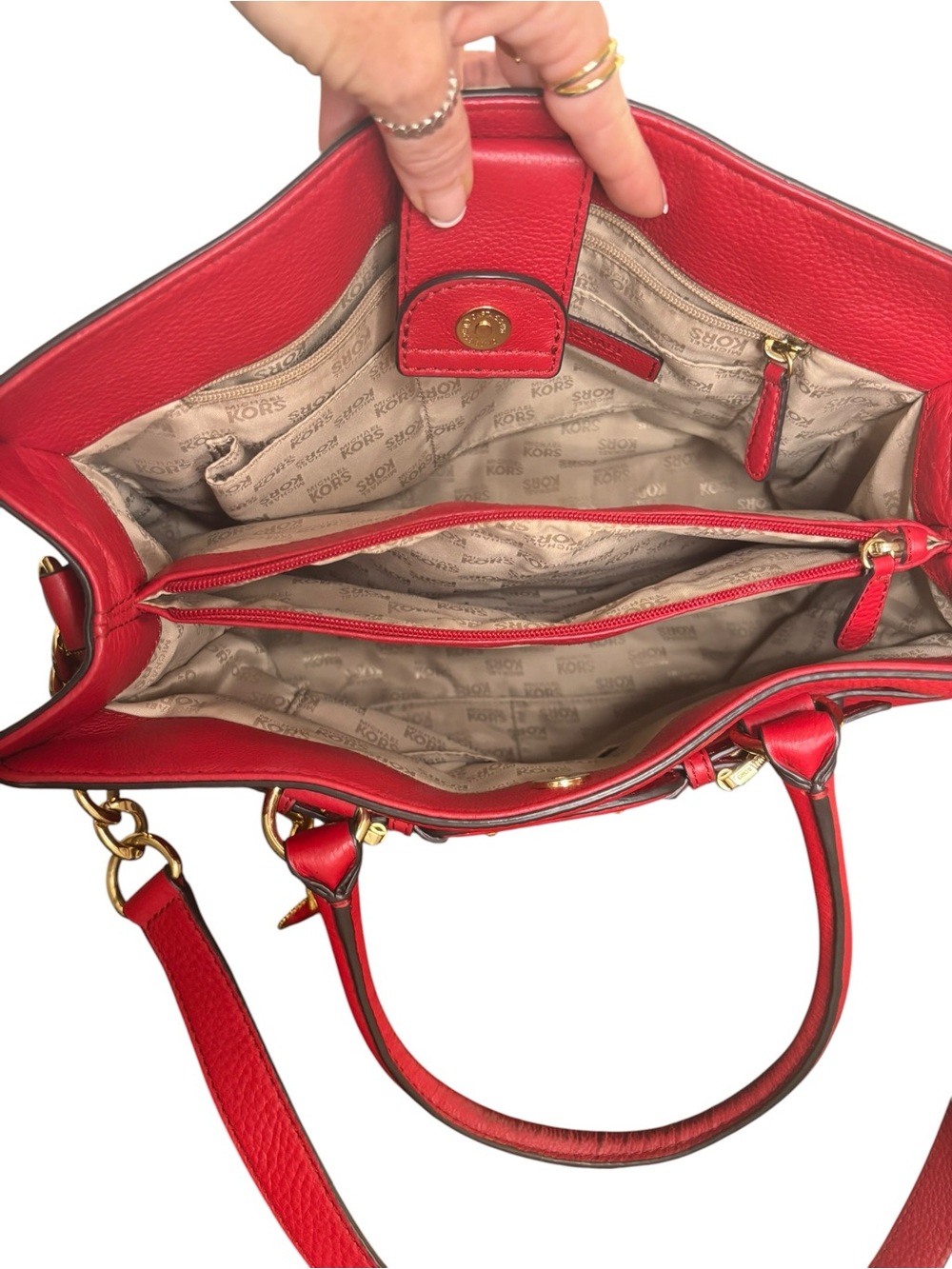 Summer Sale!Michael Kors Hamilton Red Pebbled Leather Large Satchel Shoulder Bag - Picture 8 of 9